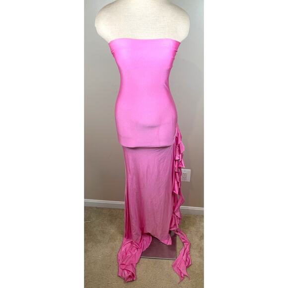 Shani Shemer Shawn Ruffle Train Strapless Pink Macaron Maxi Dress Size Medium - Picture 3 of 8
